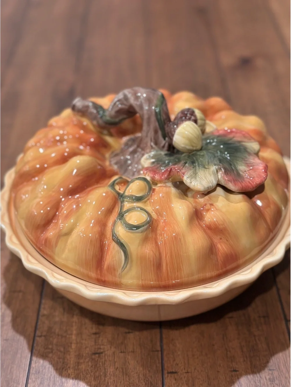 Cracker Barrel Vintage Pumpkin Pie Dish Lidded Ceramic Harvest Serving Acorn